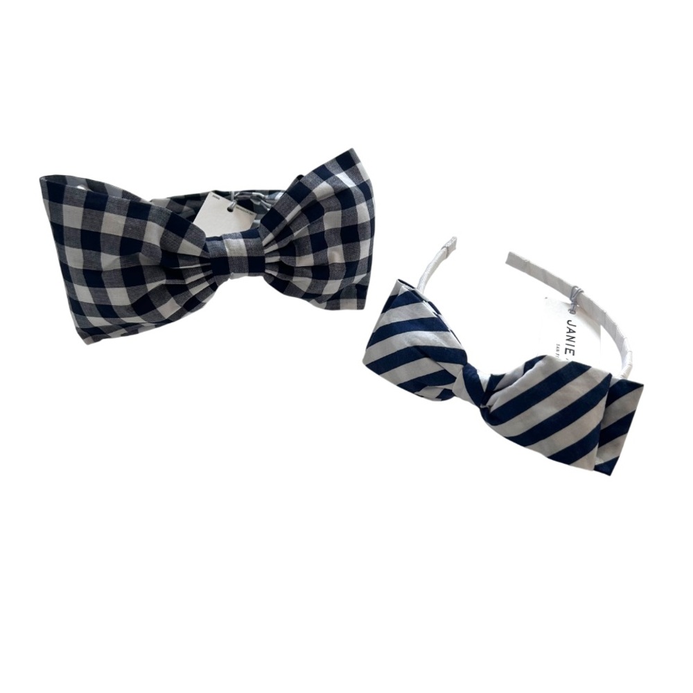 Janie and Jack bow headband bundle OS white blue gingham stripe NWT